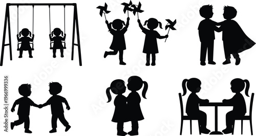 Children, silhouettes, kids, playground, swing, pinwheel, friendship, playing, childhood, activity, people, black, isolated, set, collection, illustration, design, vector, fun, joy