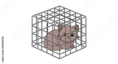 A brown cat with big eyes sits calmly inside a wire cube cage, isolated against a pristine white background.