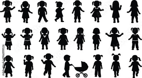 Children, silhouettes, kids, toddler, baby, girl, boy, walking, standing, playful, people, black, isolated, set, collection, childhood, illustration, design, vector, pose
