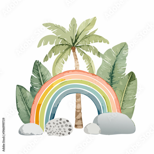 Aquarell-Set mit Palmenbaum, zarten Pflanzen, Bananenblättern und niedlichem Regenbogen – verspielte Deko-Elemente für Kinderdesign