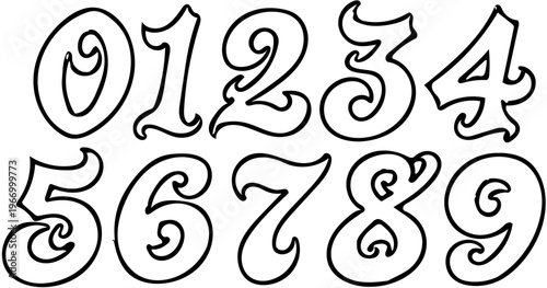 Set of decorative outline numbers from zero to nine with vintage swirls isolated on white background