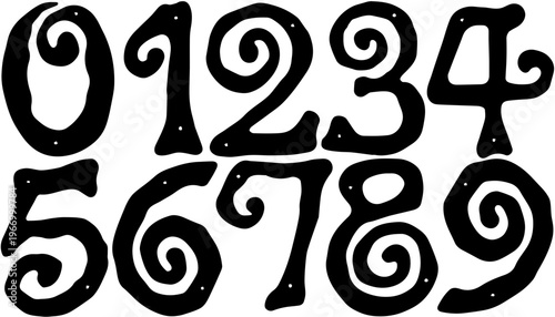 Decorative swirl numbers set zero to nine hand drawn whimsical font isolated on white background
