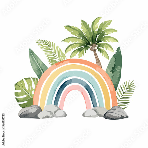 Aquarell-Set mit Palmenbaum, zarten Pflanzen, Bananenblättern und niedlichem Regenbogen – verspielte Deko-Elemente für Kinderdesign