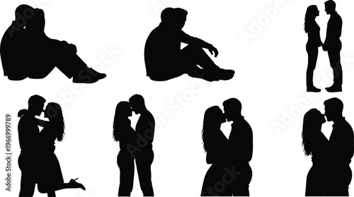 Couple, silhouettes, love, romance, kissing, hugging, relationship, intimacy, passion, people, black, isolated, set, collection, romantic, dating, affection, illustration, design, vector