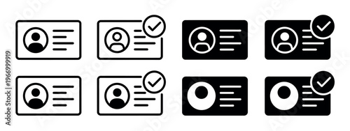 ID card icon set with circle tick approved symbol representing driver’s license, identification card, and verification vector illustration