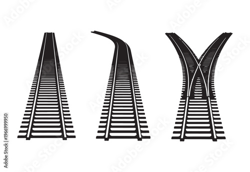 Set of railroad track silhouettes showing straight paths curved routes and junction switches for rail design.