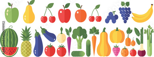 Fruits and vegetables collection with apple banana watermelon carrot broccoli and more healthy food vector illustration set isolated on white background