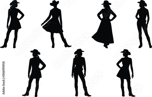 Cowgirl, silhouettes, western, woman, cowboy, hat, boots, fashion, pose, female, black, isolated, set, collection, country, style, ranch, design, illustration, vector