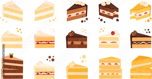 Cake slice collection with chocolate vanilla and fruit layered desserts sweet bakery vector illustration set isolated on white background