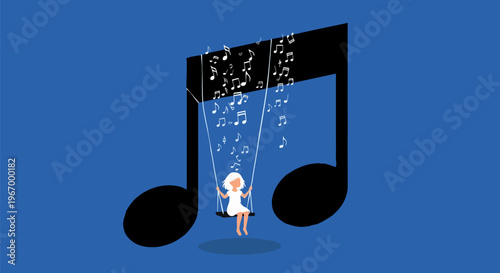 Musical concept vector illustration, girl swinging on a giant black eighth note, creative music therapy and relaxation art on blue background