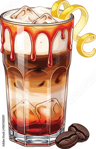 Iced coffee glass with caramel syrup cream and lemon twist detailed beverage vector illustration isolated on white background