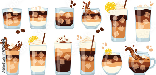 Iced coffee drink collection with layered latte espresso and cold beverages cartoon vector illustration set isolated on white background