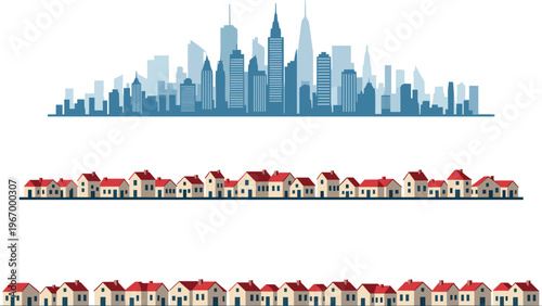 City skyline and residential houses collection with urban buildings and suburban homes vector illustration set isolated on white background