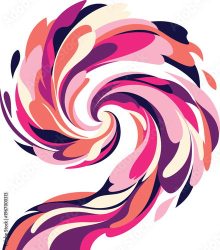 Vibrant abstract swirling design in a dynamic spectrum of fuchsia, purple, and coral hues, creating an energetic artistic composition with smooth flow.