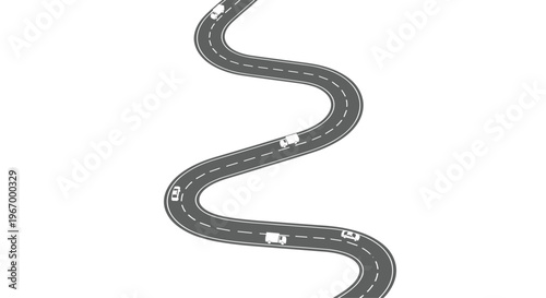 An aerial view depicts five white vehicles driving along a winding S-shaped road with dashed lane markings against a plain white background.