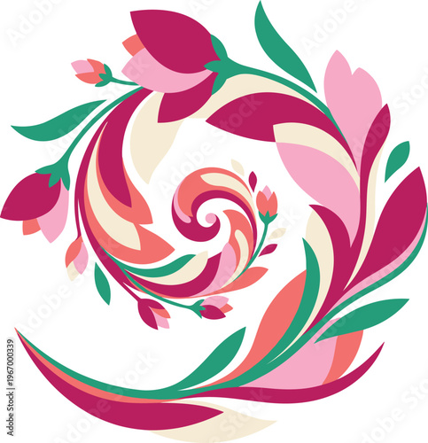 Vibrant floral swirl illustration with dynamic composition. A stylish graphic design element featuring pink, coral, and teal hues, perfect for decorative projects.
