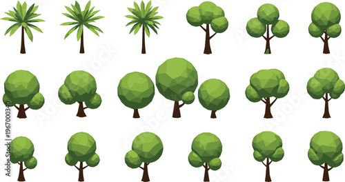 Low poly tree collection with geometric green foliage and different shapes nature vector illustration set isolated on white background