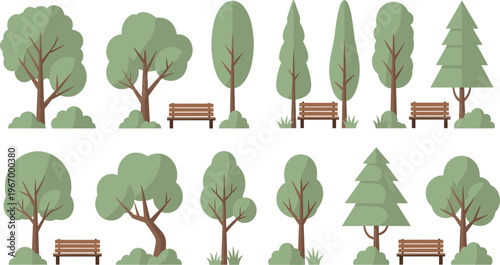 Park tree collection with benches and different tree shapes outdoor nature landscape vector illustration set isolated on white background