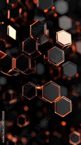 Close up view of dark hexagons with shiny metallic copper edges creating an abstract technological pattern