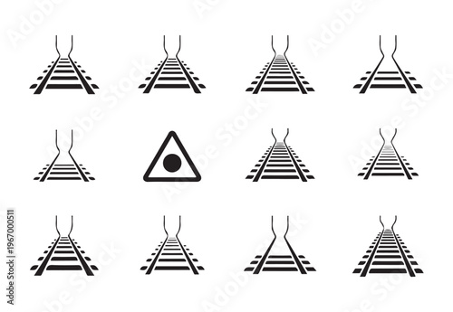 Set of railroad track vector icons and warning sign for railway, subway, and tram transport designs.