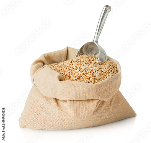 Картината върху платно bag of grain and metal scoop on white isolated background