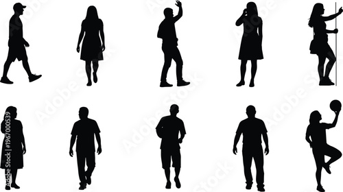 People, silhouettes, men, women, walking, standing, waving, phone, basketball, lifestyle, activity, black, isolated, set, collection, illustration, design, vector, character, motion