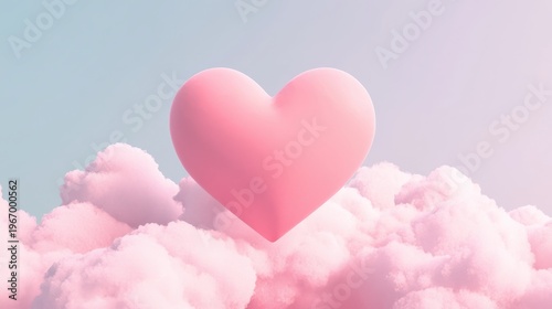 soft pink heart floats above fluffy pink clouds under  clear blue and pink gradient sky