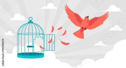 Freedom concept vector illustration, red bird flying out of open cage, broken birdcage in sky with clouds, escape and liberation metaphor