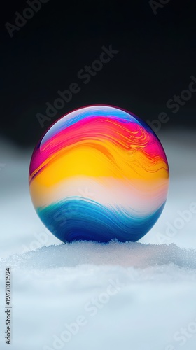 smooth colorful sphere with vibrant swirling patterns of pink yellow and blue colors sits on  bed of fresh white snow