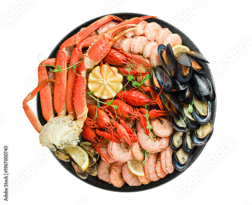 plate with various seafood on a white isolated background