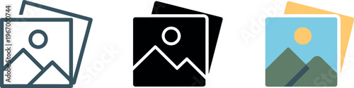 Image icon and photo gallery symbol set featuring picture, photo album, snapshot, and painting frame vector illustration