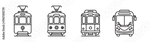 Old streetcar icons set featuring vintage tramway and bus outline designs for public transportation navigation.