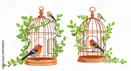 Vintage birdcage vector set with songbirds and green vines, antique copper bird cage illustrations, decorative garden aviary with robins