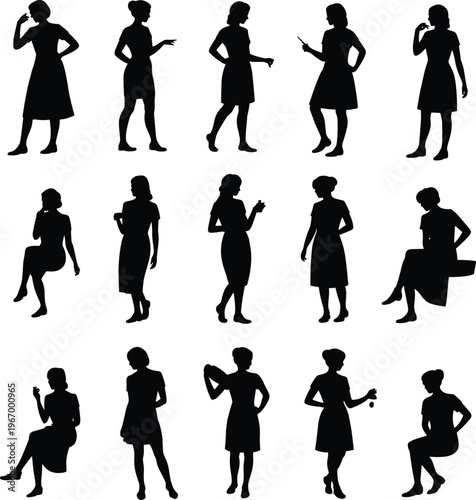 Women, silhouettes, female, poses, standing, sitting, gestures, fashion, people, black, isolated, set, collection, lifestyle, illustration, design, vector, elegance, modern, character