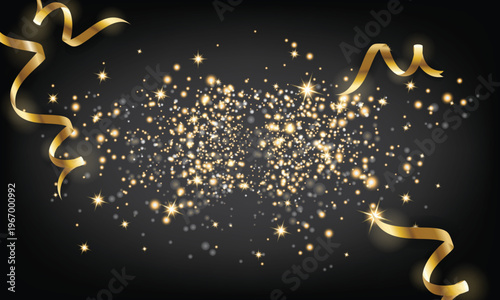 Golden sparkle particle and falling ribbon background. Vector illustration