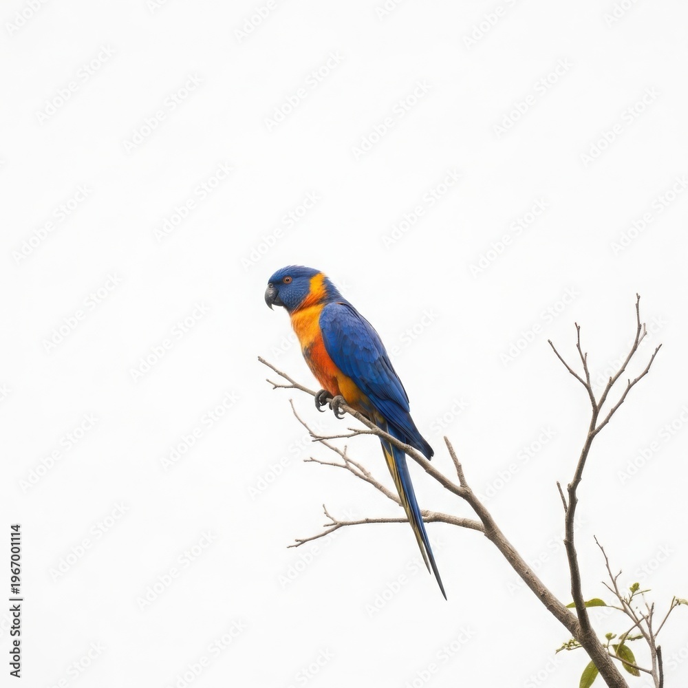 Fototapeta premium Vibrant rainbow lorikeet perched on a bare branch against a plain background