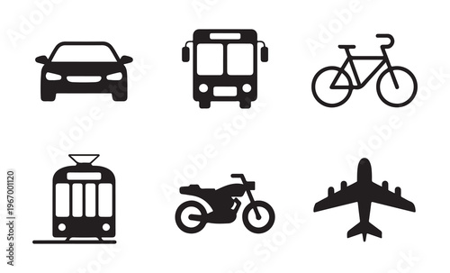 Black silhouette vehicle symbols set with car bus bike tram motorcycle and airplane for logistics and travel.