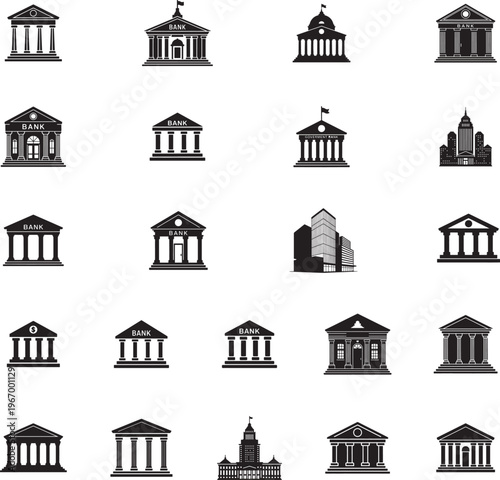 Large bank building representing finance, corporate, and banking institution silhouette set