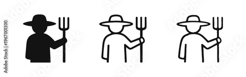 Farmer Icon Set - Agricultural Worker with Pitchfork and Hat