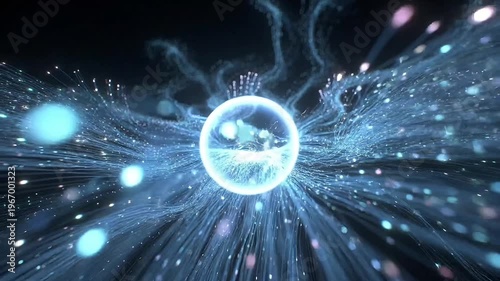 Glowing blue circle emits vibrant light rays and particles in space