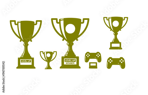Achievement Trophy Cup Gaming Silhouette Sticker, Level Up Winner Vector, Modern Tactile Craft Esport Reward Illustration