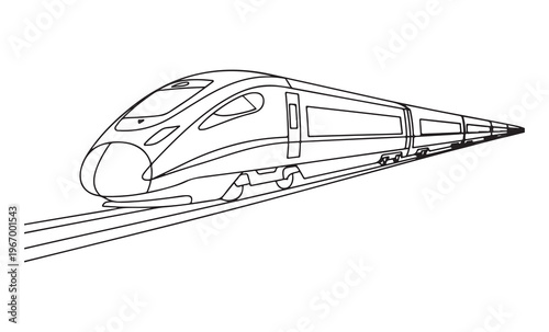 High speed train on tracks, fast modern bullet train outline vector illustration, black and white drawing isolated.