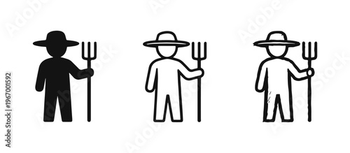 Farmer Icon Set - Agricultural Worker with Pitchfork and Hat