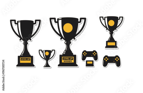 Achievement Trophy Cup Gaming Silhouette Sticker, Level Up Winner Vector, Modern Tactile Craft Esport Reward Illustration