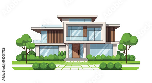 A modern, multi-story house with large windows and surrounding green landscaping is illustrated on a white background.