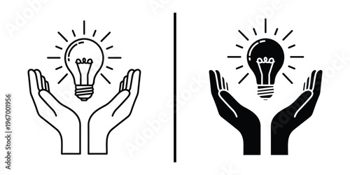 Hands Holding Light Bulb Icon for Innovation and Creative Ideas.