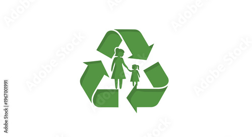 A green recycling symbol with a mother and child silhouette inside is depicted with a paper-cut effect on a white background.