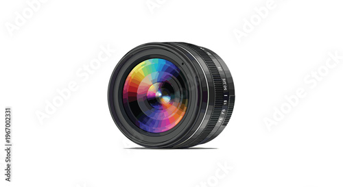 A black camera lens with a vibrant rainbow-colored aperture is angled slightly on a clean white background.