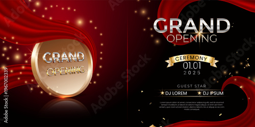 Grand Opening ceremony Banner with red silk, confetti, ribbon cutting and golden glitters