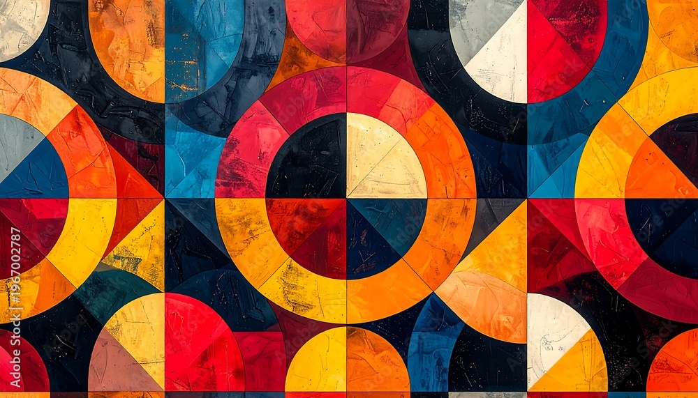 Fototapeta premium Colorful Abstract Geometric Circles - Modern Street Art Pattern with Bold Colors and Textured Surface